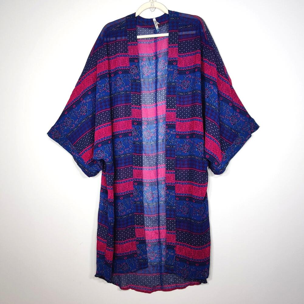 Wallflower Floral Patchwork‎ Chiffon Sheer Kimono Blue Pink Sheer Boho L